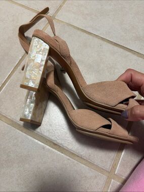 See by Chloe Nude Suede Block Heel Sandals with Pearl-Effect Heel
